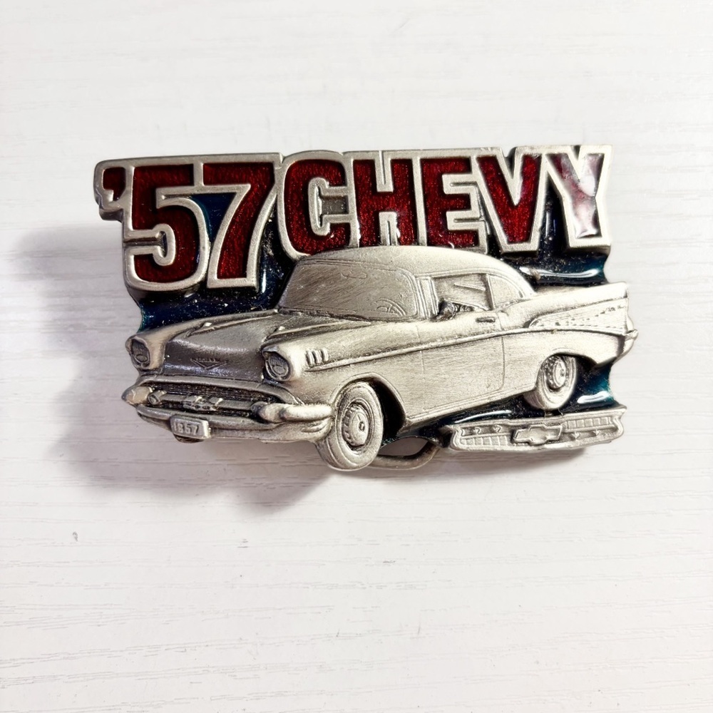 Vintage GREAT AMERICAN PRODUCTS 1989 '57 CHEVY Belt Buckle Made In USA 2” X 3.5”